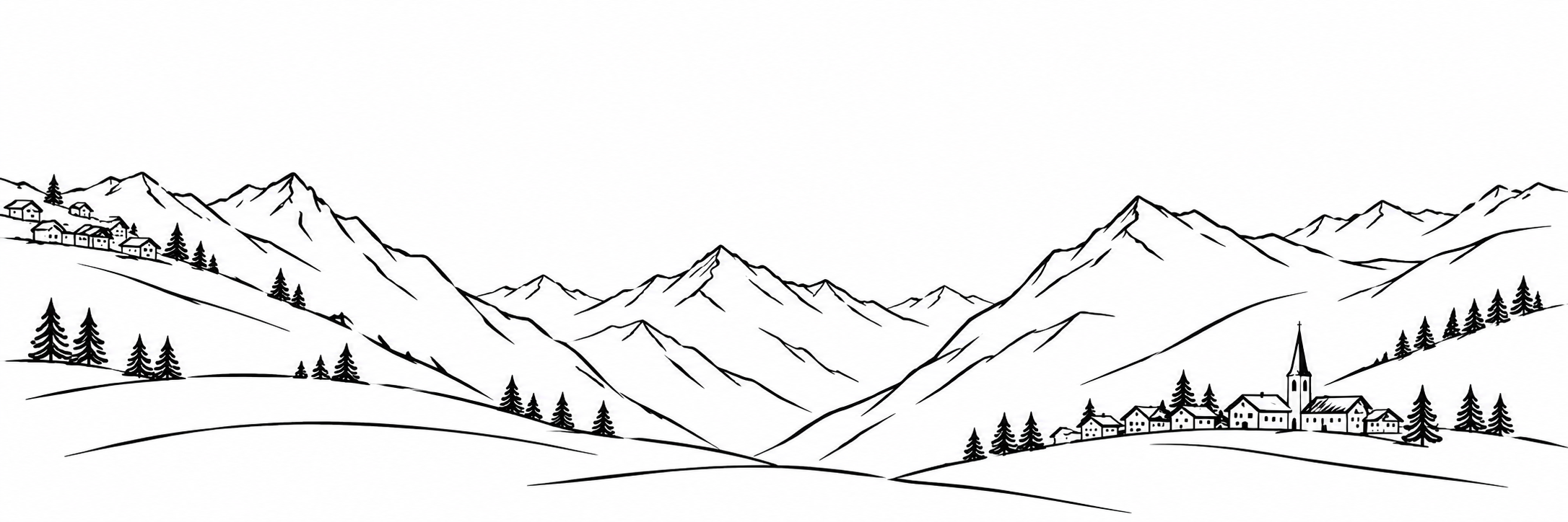 A loose black-and-white sketch of the Val de Bagnes: a few mountain lines, scattered fir trees, tiny chalets and a village church.